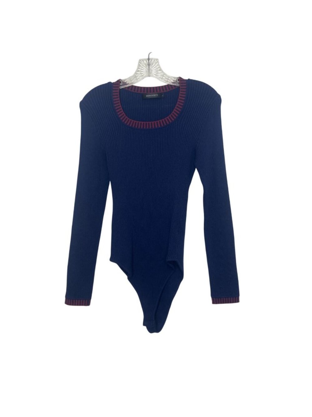 Merokeety Long-Sleeve Ribbed Knit Bodysuit Large Blue Red Trim New WOT Sweater